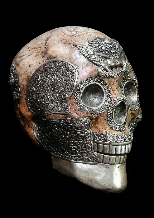 Decorated human skull used for religious purposes 