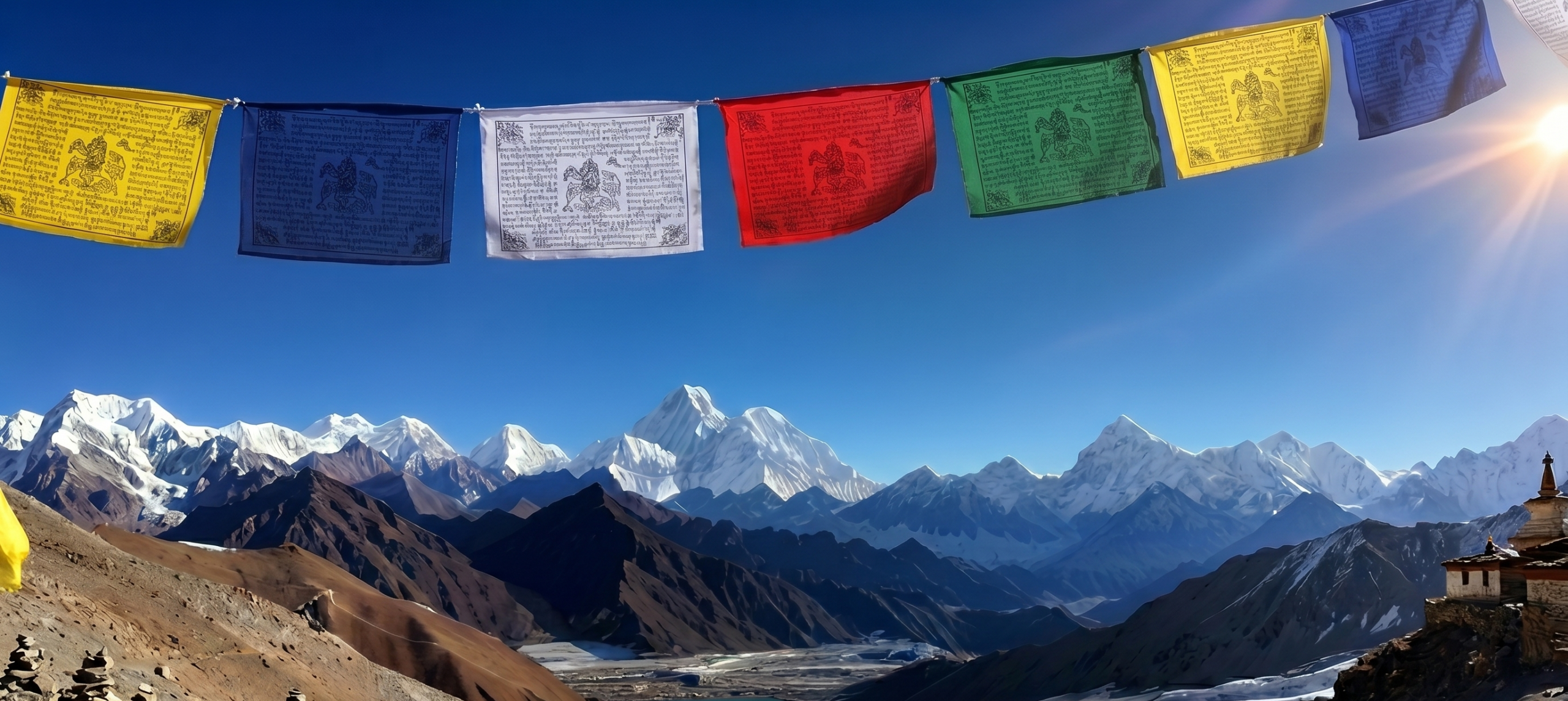 tibetan prayer flags in nepal anapurna range - nepal retreat